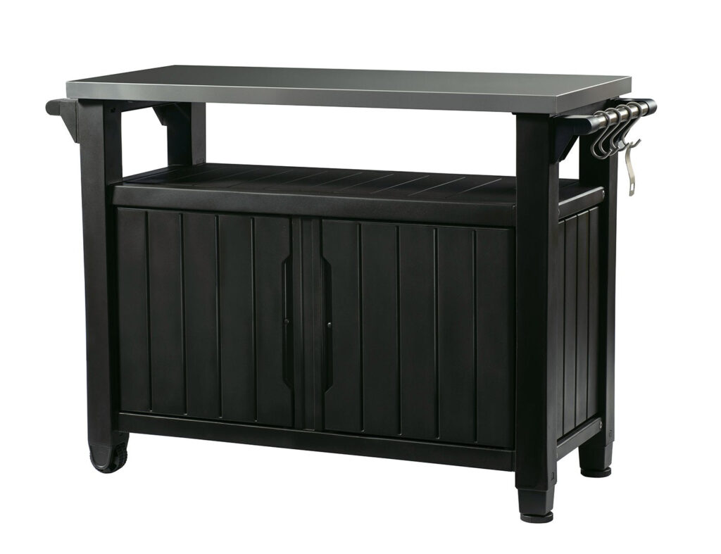 Keter Unity XL Outdoor Portable Table and Storage Cabinet with Hooks for Grill