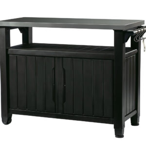 Keter Unity XL Outdoor Portable Table and Storage Cabinet with Hooks for Grill