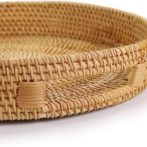 Hipiwe Round Rattan Serving Tray with Handles, Hand-Woven Decorative Organizer Tray for Storage Breakfast Drinks Snack, Centerpiece Fruit Basket for Home Decoration,Large