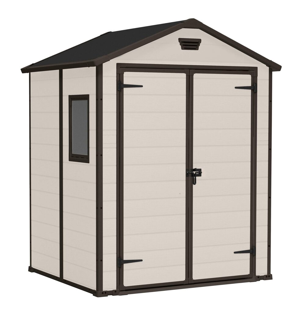 Keter Manor Outdoor Apex Double Door Garden Storage Shed 6 x 5ft Beige Brown Wood effect